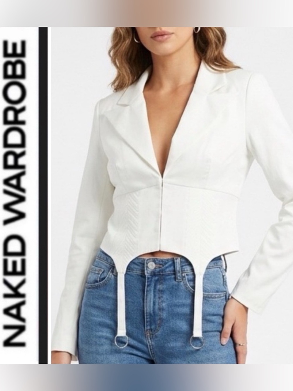 Naked Wardrobe 🤍 white satin garter blazer ~ Small
